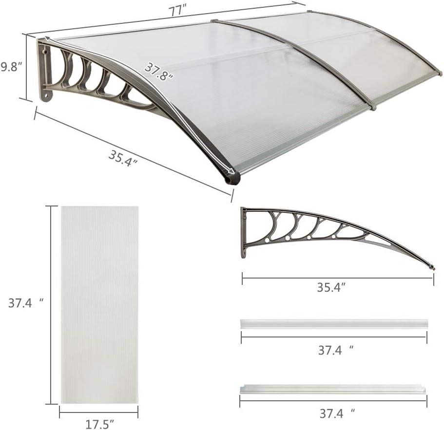 RUseeN Window Awning Door Canopy, Modern Polycarbonate Front Door Canopy, Patio Awning Canopy Window Door Cover for Rain Snow Sunlight Protection Hollow Sheet (40" x 38", Clear Canopy/Gray Bracket)