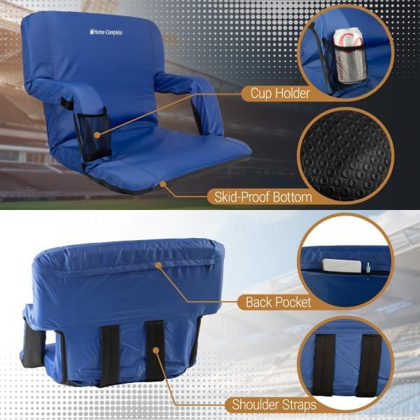 Wide Stadium Seat Chair - Bleacher Cushion with Padded Back Support, Armrests, 6 Reclining Positions and Portable Carry Straps by Home-Complete (Blue)