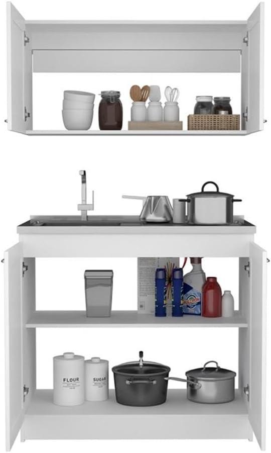 White and Light Gray Manufactured Wood Kitchen Cabinet Set