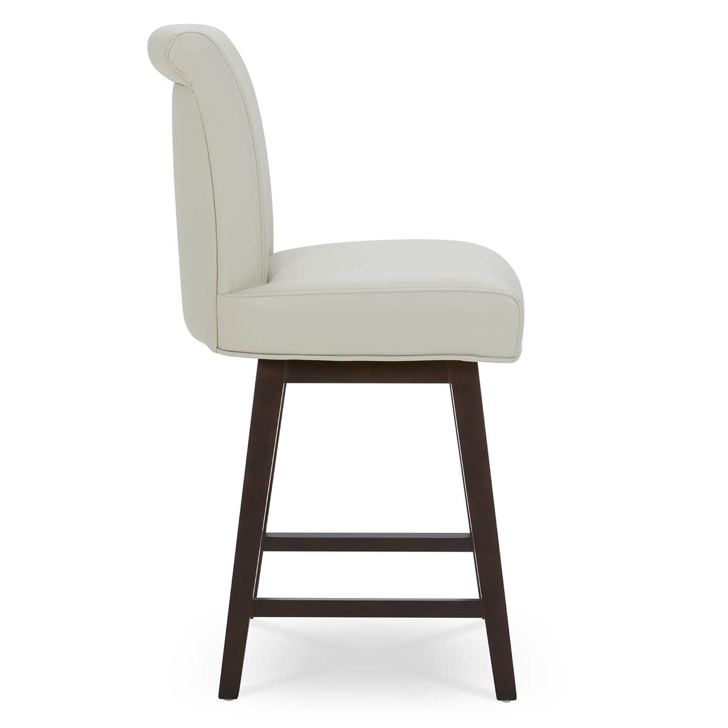 CHITA 26 in Upholstered Swivel Counter Bar Stools with Back&Wood Legs Set of 2, Faux Leather in Creamy Gray