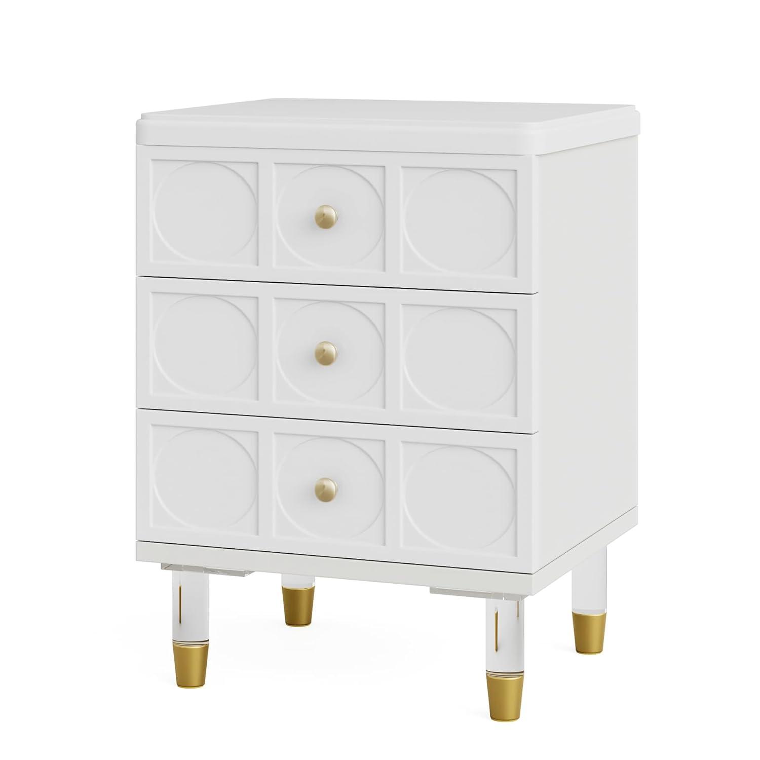 White Gold Nightstand Bedside Table with 3 Drawers White+Gold