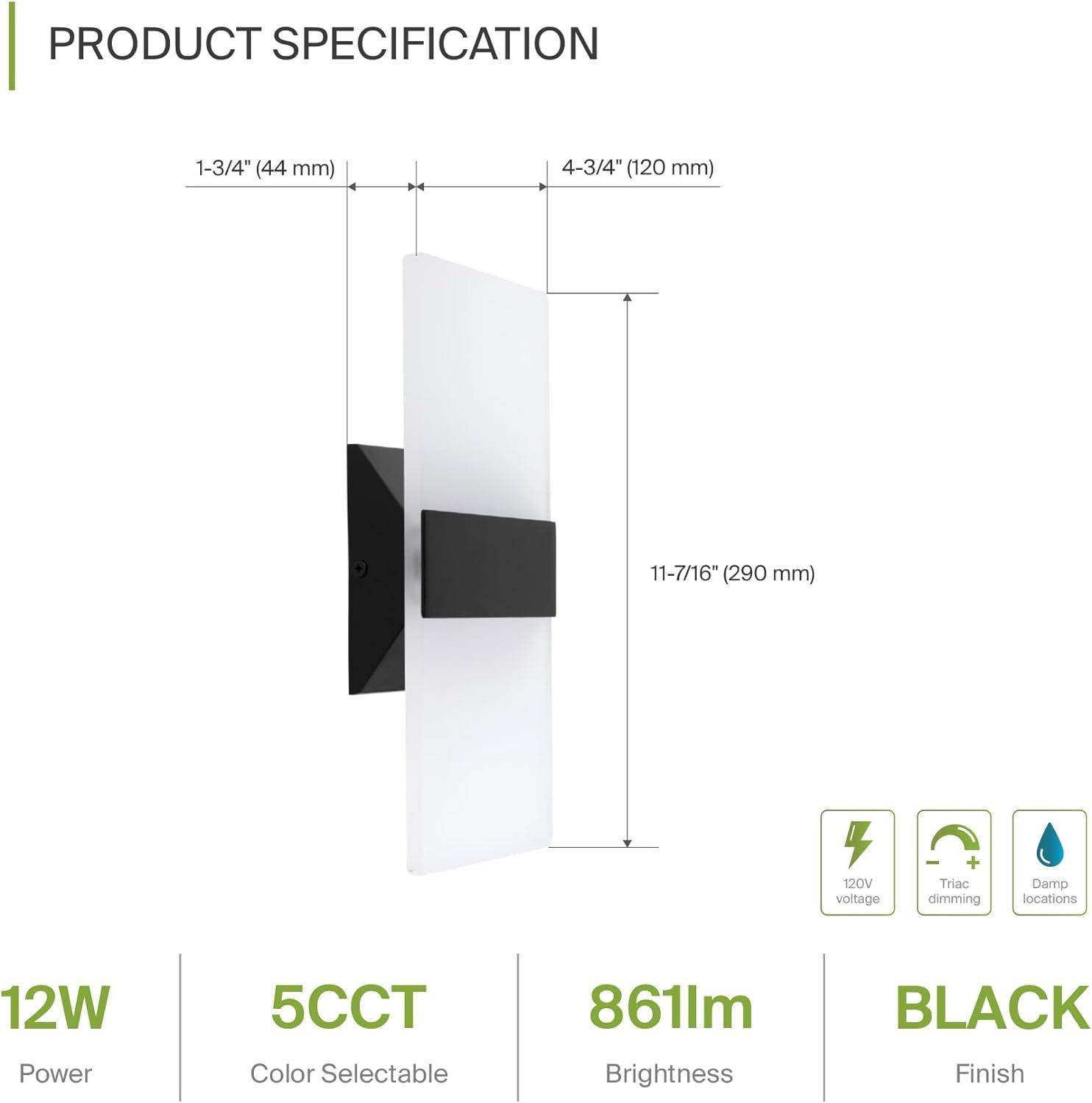 12-Inch Black Aluminum Dimmable LED Wall Sconce