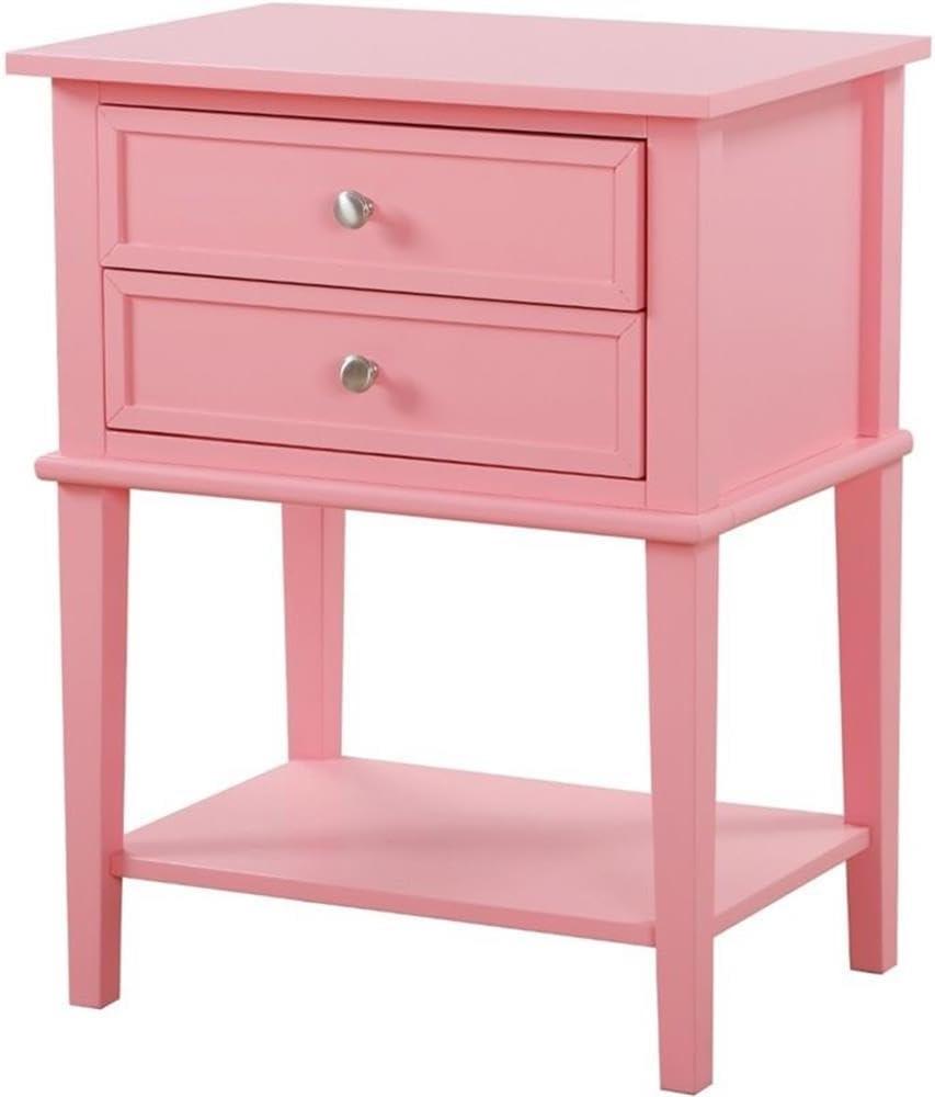 Pink 2-Drawer Nightstand with Open Shelf and Nickel Pulls