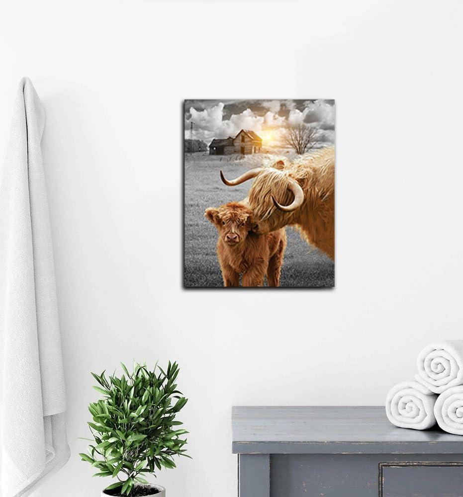 ONETECH Highland Cow Wall Art Farmhouse Decor Canvas Printed Black and White Cow Pictures Wall Decor Modern Western Rustic Artwork Decorations for Bedroom Office Living Room  16x16 in