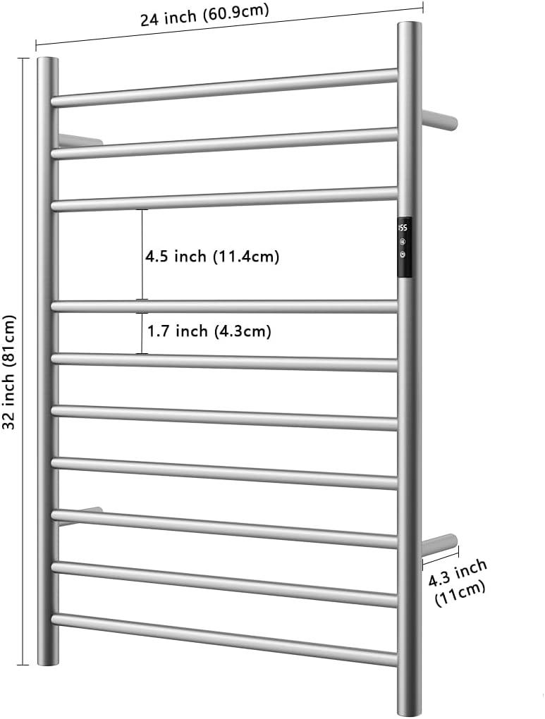 Topcobe 10 Bar Towel Warmer Wall Mounted Electric Heated Towel Rack with Built-in Timer, Bathroom Furniture, Electric Heated Towel Racks for Bathroom, Silver