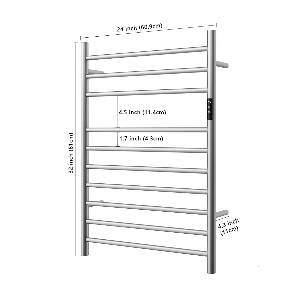 Topcobe 10 Bar Towel Warmer Wall Mounted Electric Heated Towel Rack with Built-in Timer, Bathroom Furniture, Electric Heated Towel Racks for Bathroom, Silver