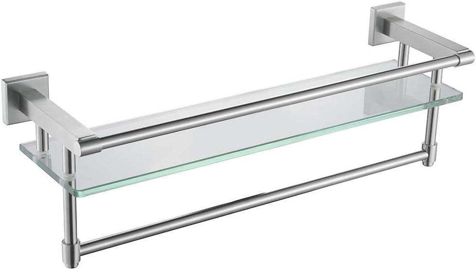 Alise Bathroom Glass Shelf Wall Mounted, Tempered Glass Bathroom Shelf with Towel Bar, SUS304 Stainless Steel Modern Floating Shelf, Brushed Gold, 20 inch