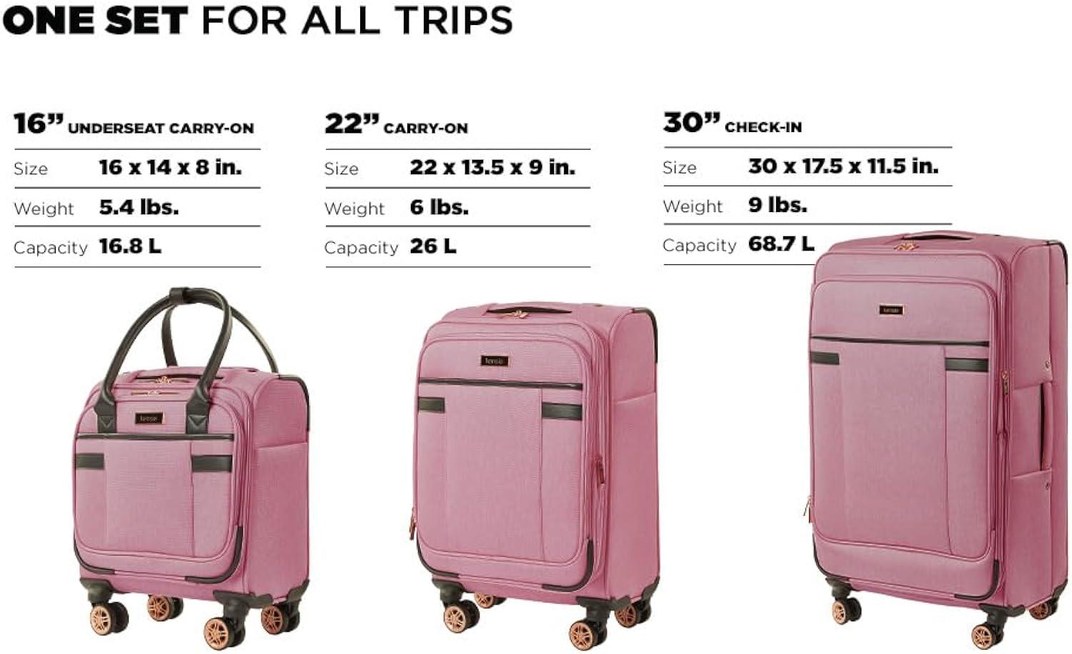 kensie Hudson Softside Spinner Luggage, Mellow Mauve, 3-Piece Set (16/20/28)
