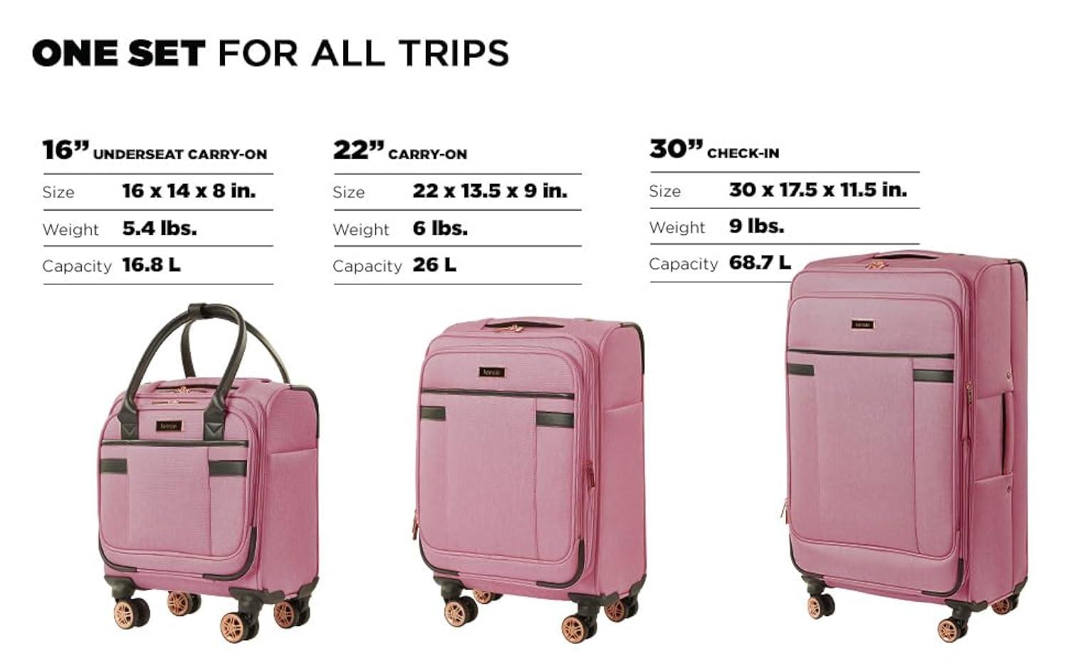 kensie Hudson Softside Spinner Luggage, Mellow Mauve, 3-Piece Set (16/20/28)