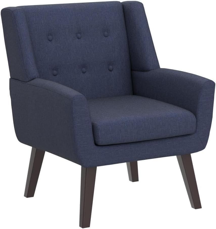 Accent Chair, Comfy Upholstered Mid Century Modern Armchair, Button-Tufted with Linen Fabric Lounge Arm Chairs for Living Room Bedroom(Dark Blue)