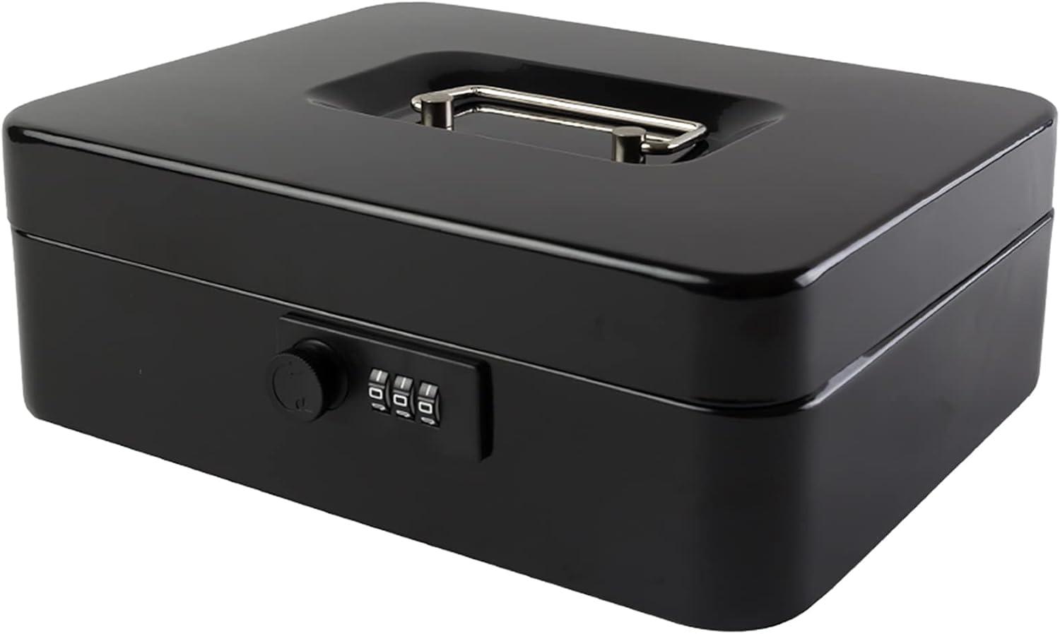 Large Black Metal Cash Box with Combination Lock and Tray