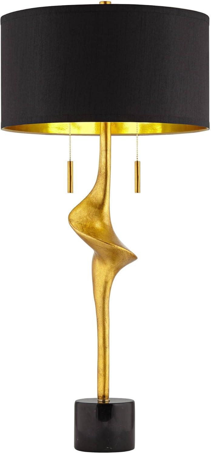 Possini Euro Design Athena Modern Buffet Table Lamp 35 1/2" Tall Sculptural Gold Leaf Black Drum Shade Bedroom Living Room Bedside Nightstand Office
