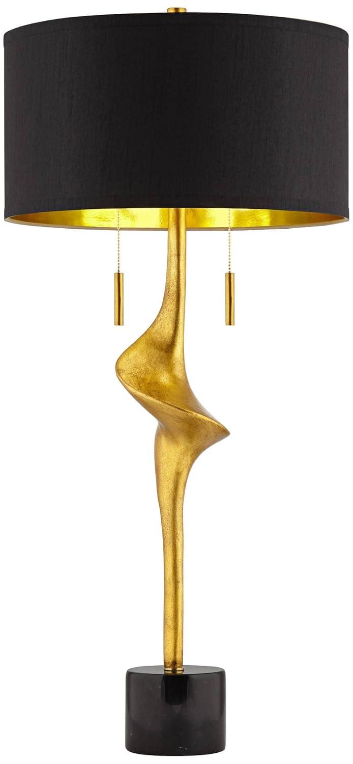 Possini Euro Design Athena Modern Buffet Table Lamp 35 1/2" Tall Sculptural Gold Leaf Black Drum Shade Bedroom Living Room Bedside Nightstand Office