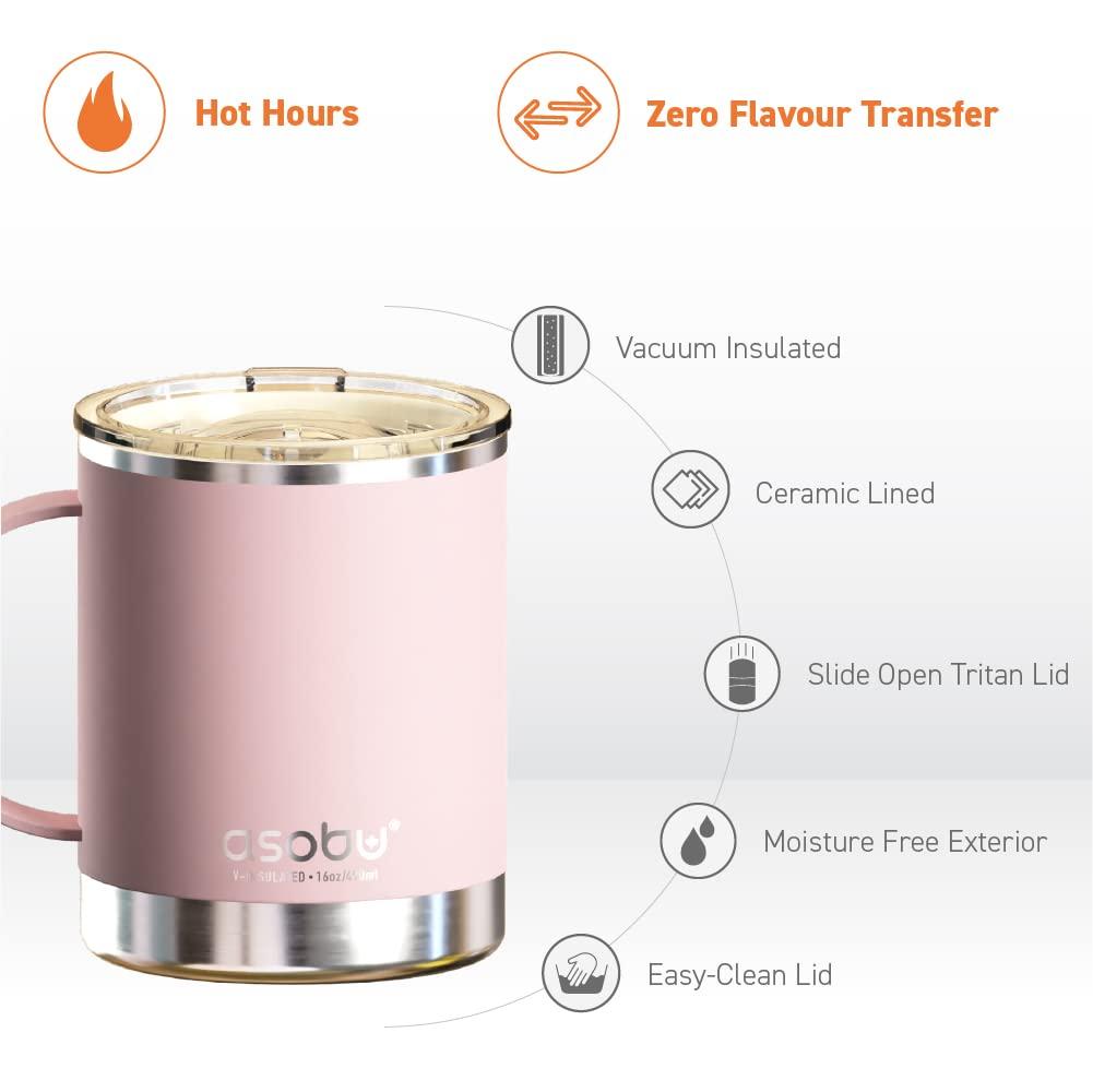 Asobu Ultimate Stainless Steel Ceramic Inner Coating Coffee Mug with Double Walled Copper Lining Insulation, 12 Ounces - (Pink)