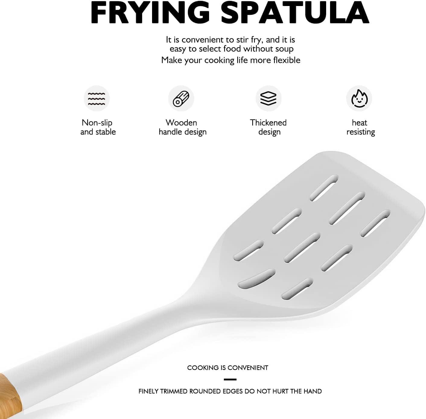 Large Silicone Cooking Utensils - Heat Resistant Kitchen Utensil Set with Wooden Handles, Spatula,Turner, Slotted Spoon, Pasta server, Kitchen Gadgets Tools Sets for Non-Stick Cookware (Warm White)