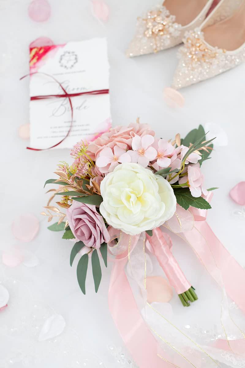 Ansofi Dusty Rose Wedding Bouquets for Bride Bridesmaid Artificial Silk Roses Flowers Tossing Bridal Bouquet for Wedding Ceremony Decor