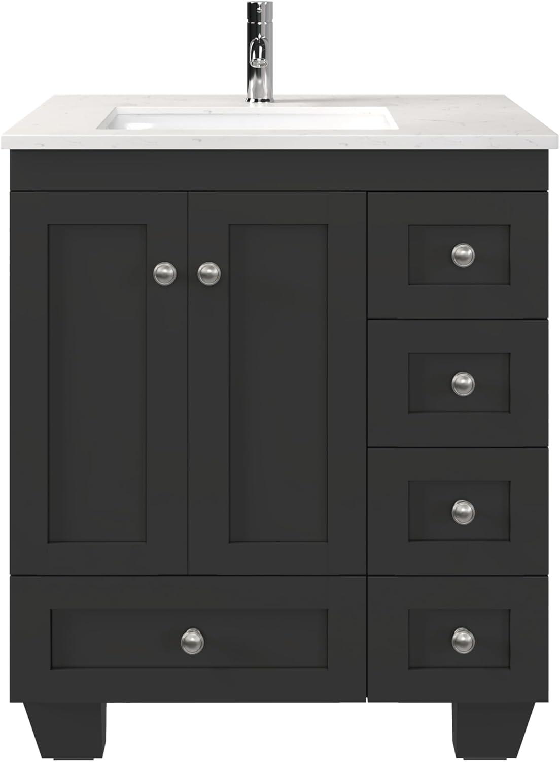 Eviva Acclaim C. 28" Transitional Espresso Bathroom Vanity with White Carrara Quartz Countertop