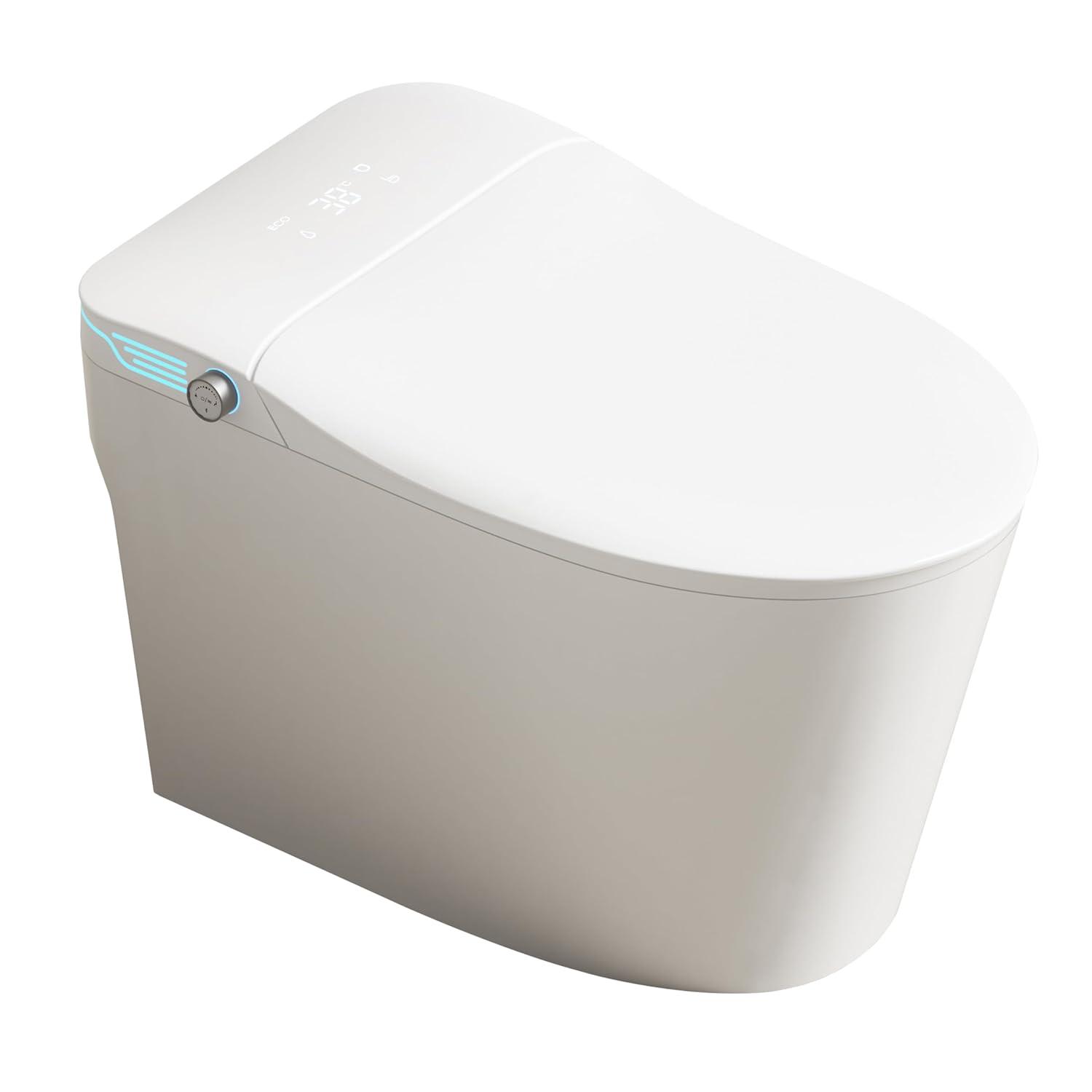 Luxury Smart Toilet with Bidet Built In Bidet Toilet Heated Seat, Foot Sensor,Warm water and Air Dryer,Voice Control, 1.28 GPF Powerful Auto Flush, Instant Hot Water and Ambient Lighting-White