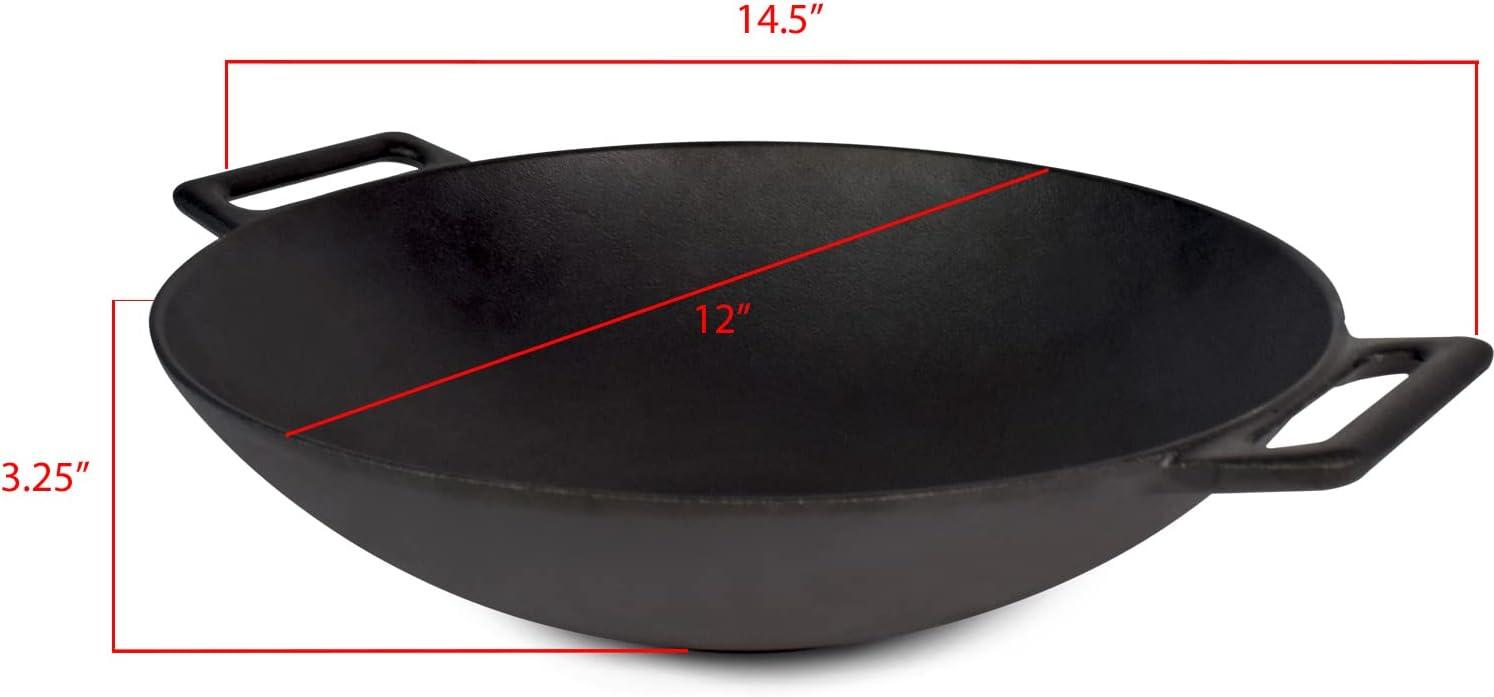 12'' Black Pre-Seasoned Cast Iron Grilling Wok