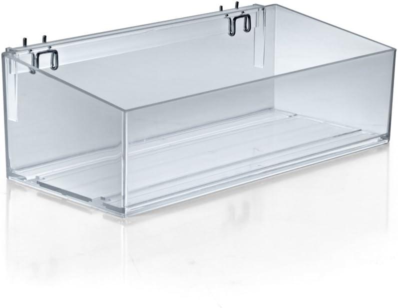 Clear 16” wide Open Bin Tray for Pegboard or Slatwall. Storage Container includes 2 Metal U-Hooks for hanging. Adjustable Slide In Dividers Sold Separately