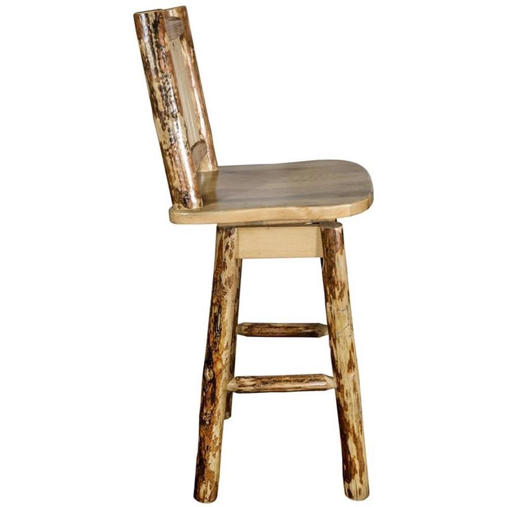 Rustic Lodge Pole Pine Swivel Barstool with Laser-Engraved Wolf