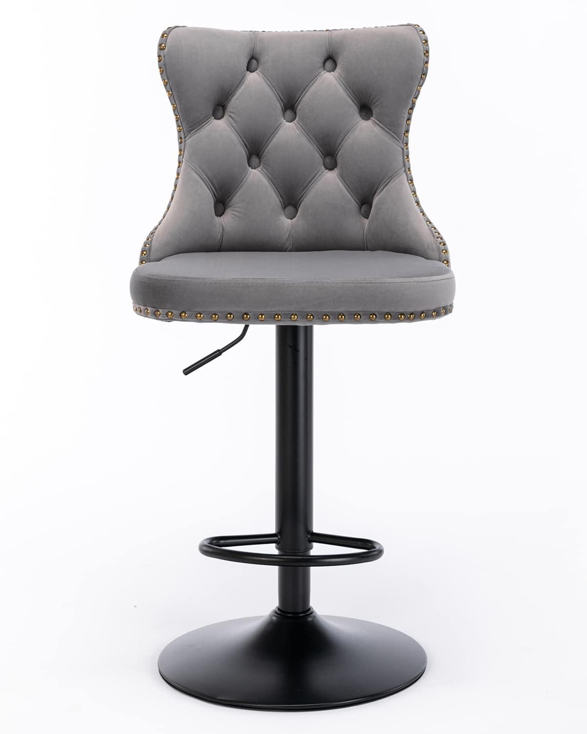 VYNXARIA Swivel Velvet Barstools Adjusatble Seat Height from 25-33 Inch,17.7 inch base, Modern Upholstered Bar Stools,Gray,Set of 2