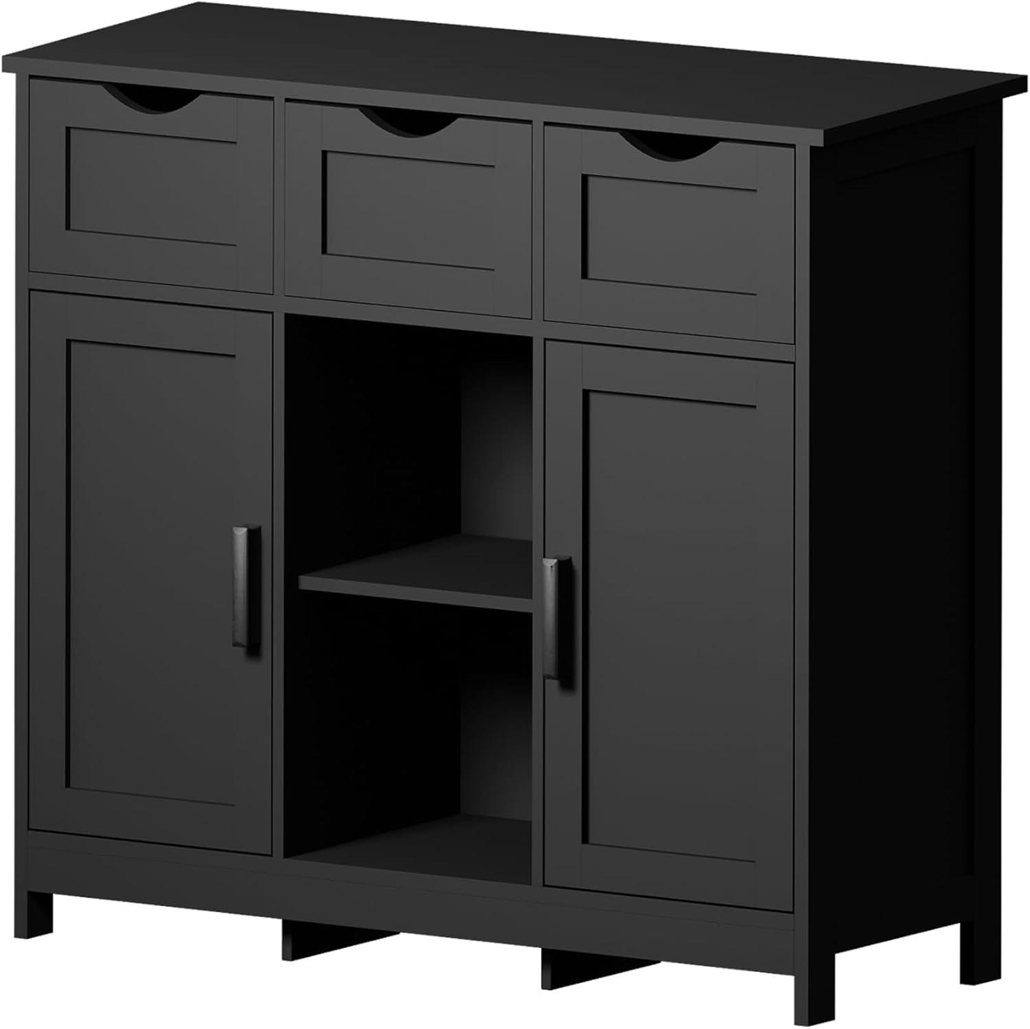 Black Storage Cabinets, Wooden Floor Cabinet,Coffee Bar Cabinet with 3 Drawers and 2 Doors,Free-Standing Cupboard for Kitchen,Living Room,Bathroom Diningroom