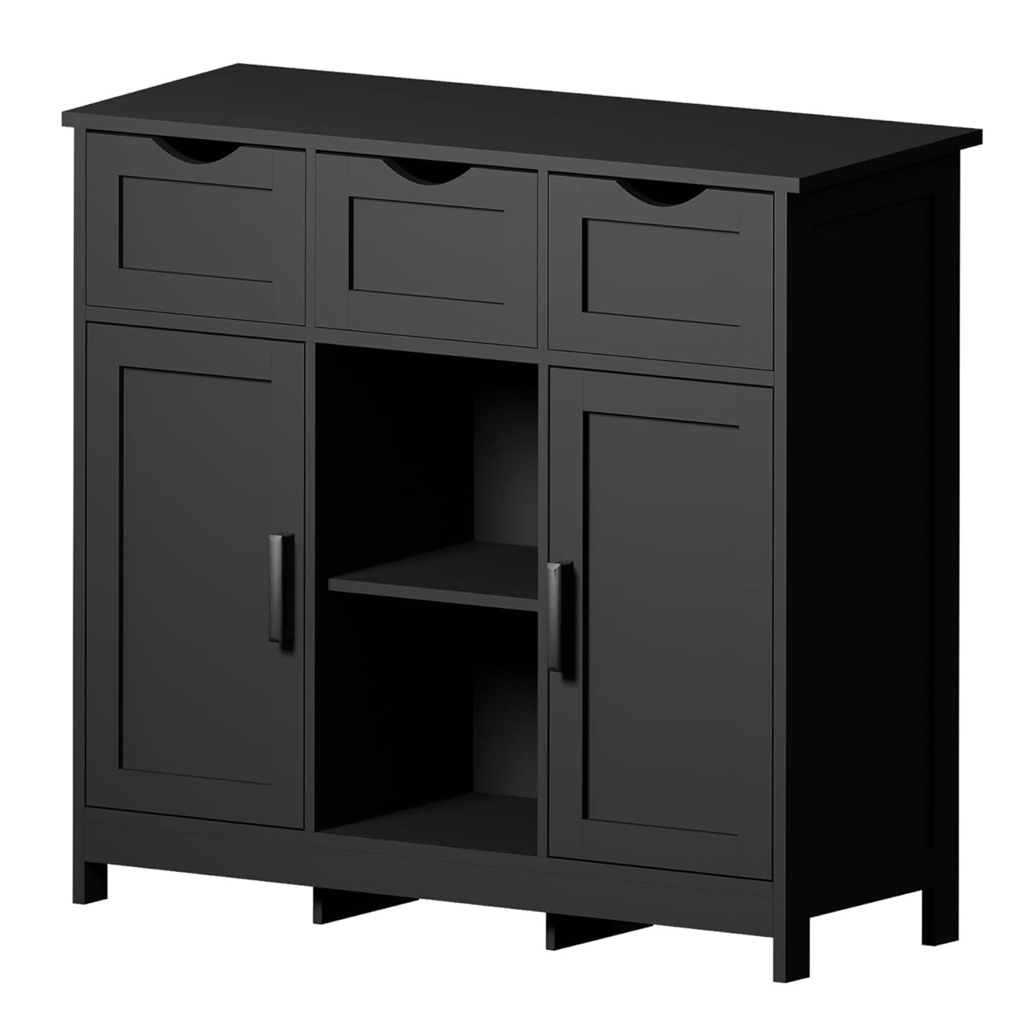Black Storage Cabinets, Wooden Floor Cabinet,Coffee Bar Cabinet with 3 Drawers and 2 Doors,Free-Standing Cupboard for Kitchen,Living Room,Bathroom Diningroom
