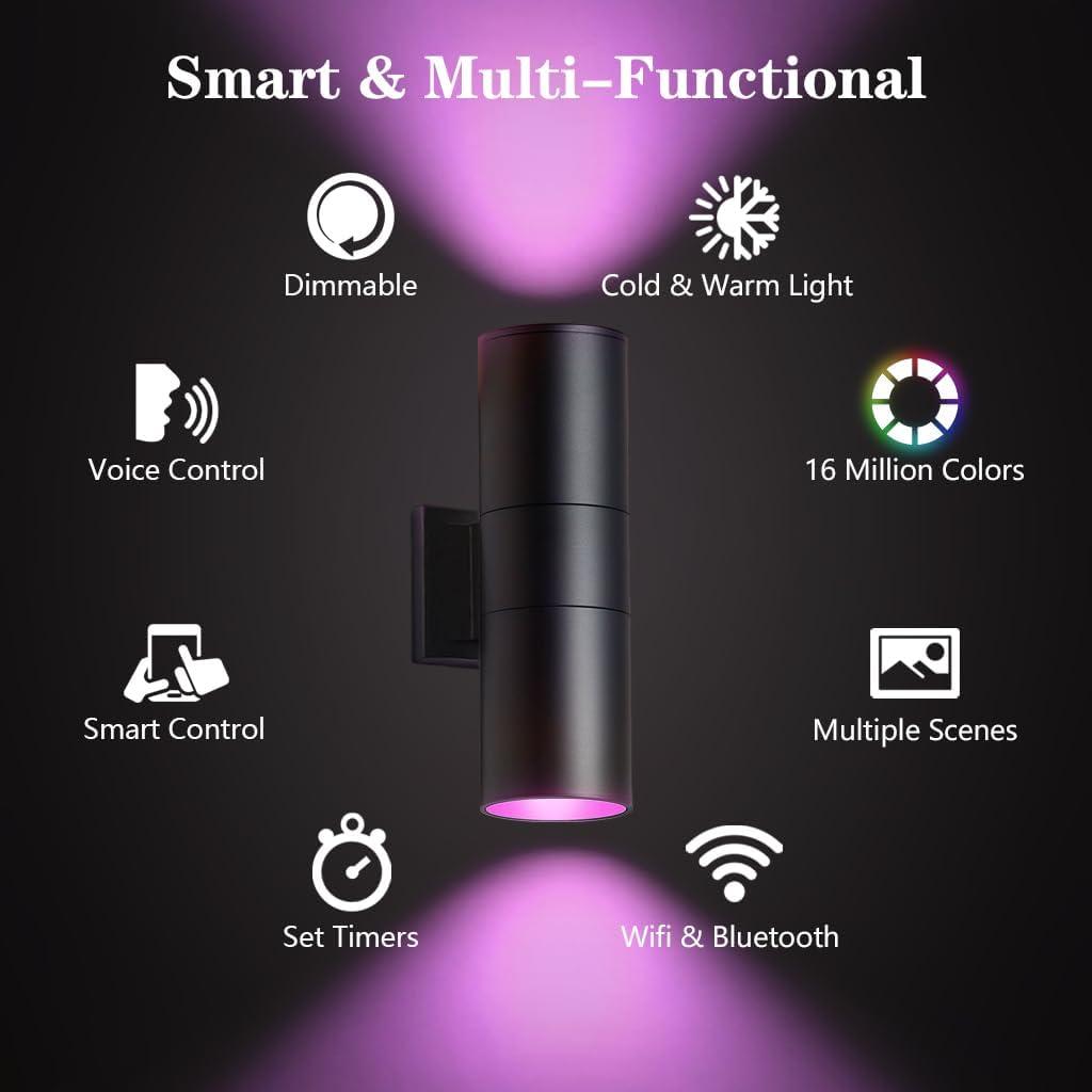 Modern RGB Outdoor Light, 2700K-6500K Ambience Outdoor Wall Sconce Color Changing, Wifi App Control Up Down Lights, Smart Exterior Wall Light For House Porch, Works With Alexa Google Assistant