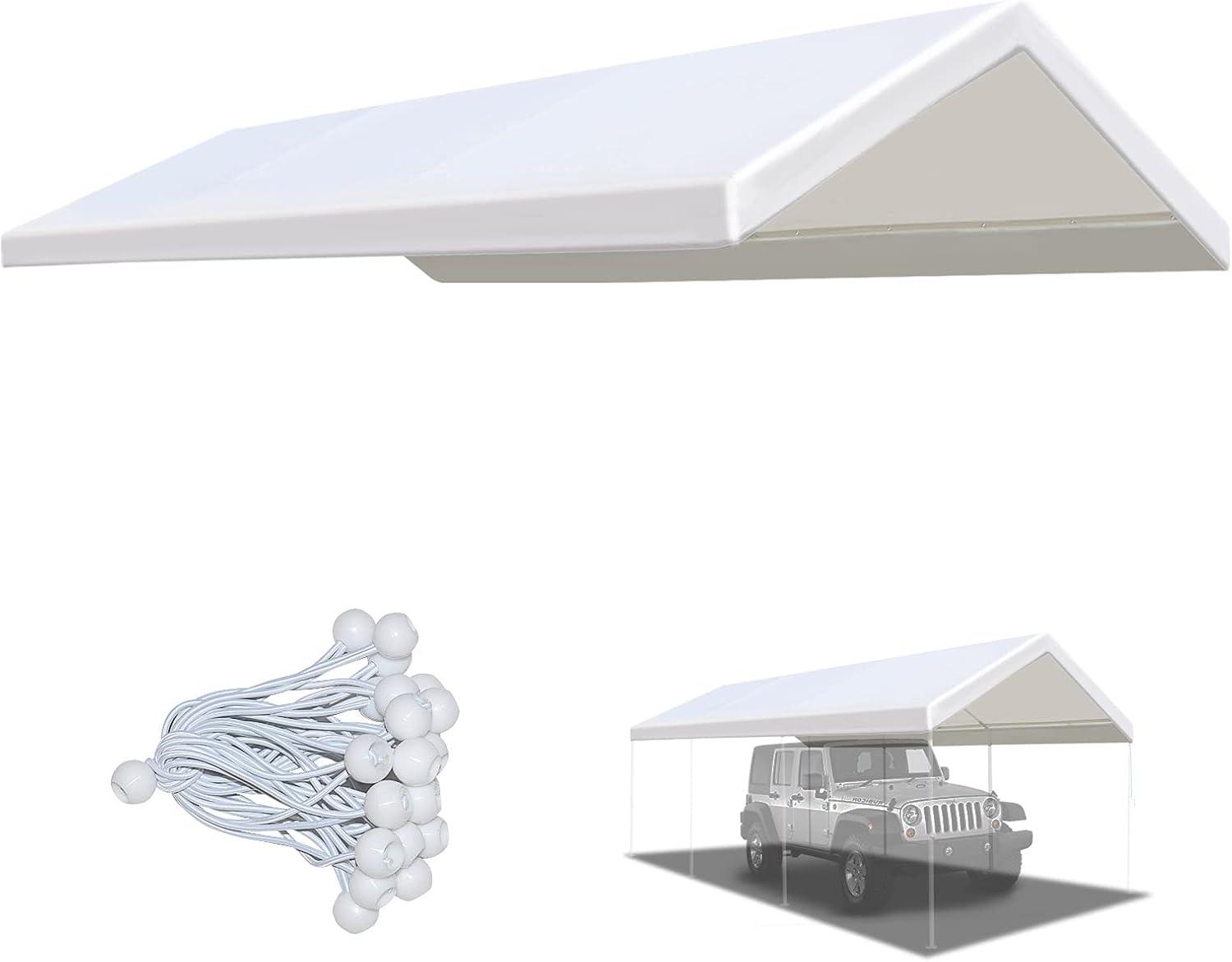 12 x 20 Feet Replacement Top Canopy Roof Cover for Carport Garage Shelter with Bungees, Frame Not Included (White)