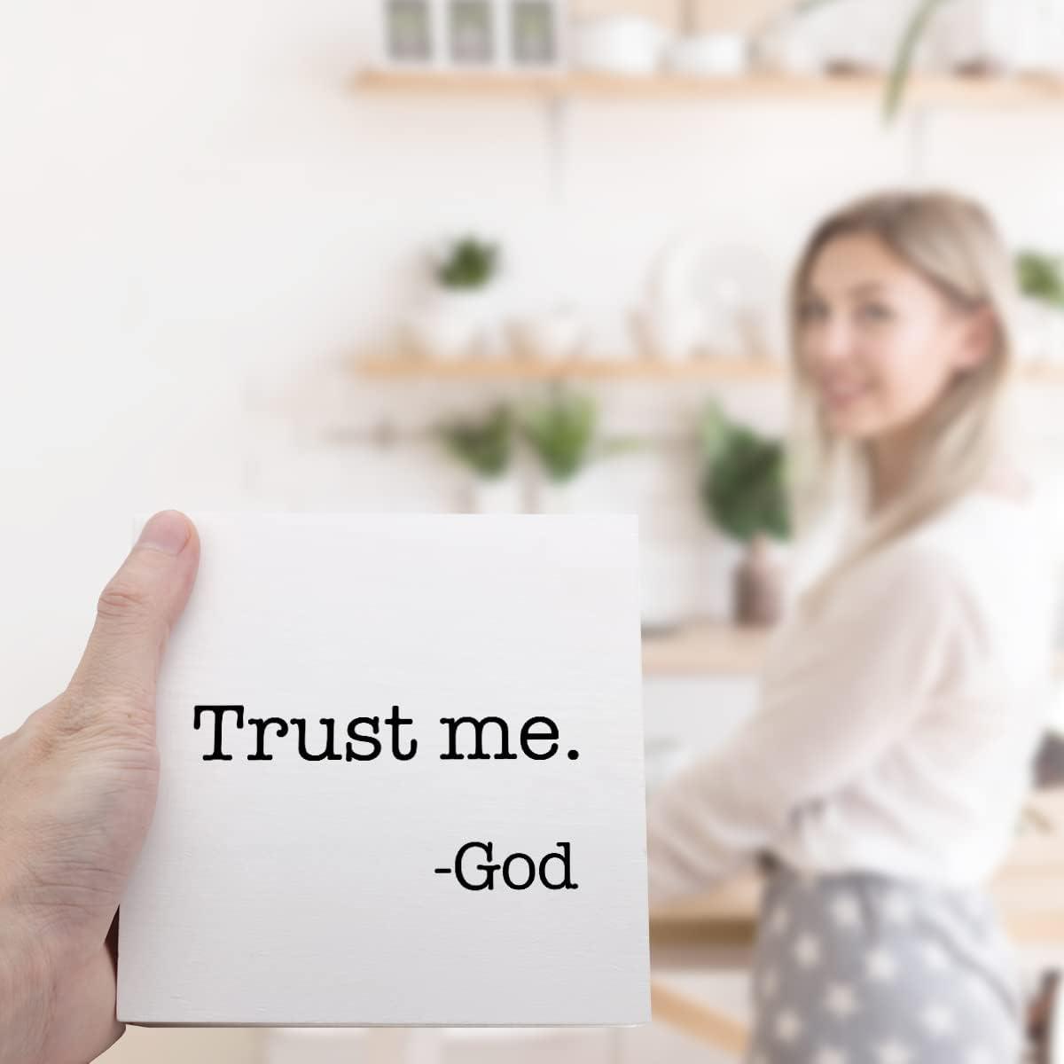 Trust Me God Wooden Sign Desk Decor,Inspirational Christian Wood Block Sign Desk Decorations for Christian Home Bedroom Girls Room Office Shelf Table Decor 5*5 inch