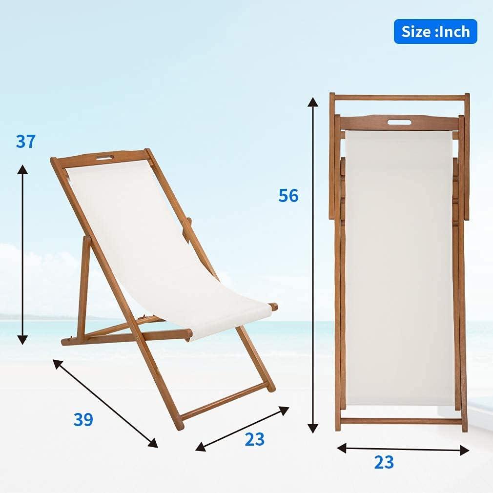 Beach Sling Chair Set, Folding Adjustable Frame Patio Lounge Chair Set of 2 Outdoor Solid Wood Frame Portable Reclining Beach Chair with White Polyester Canvas 3 Level for Beach Swimming Pool