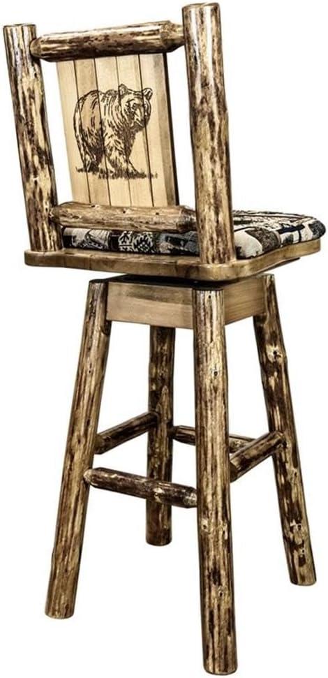 Glacier Country Collection Counter Height Barstool w/ Back & Swivel, Woodland Upholstery w/ Laser Engraved Bear Design