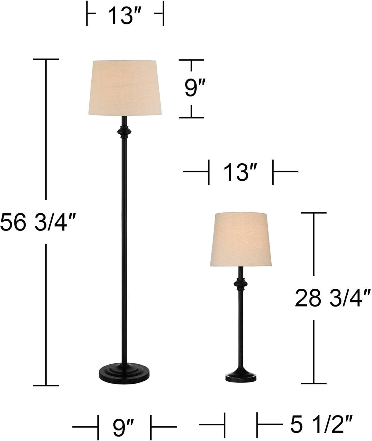 360 Lighting Carter Rustic Farmhouse 3 Piece Table Floor Lamp Set Black Metal Cream Fabric Tapered Drum Shade for Living Room Bedroom Office House