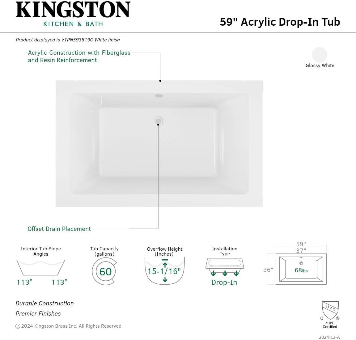 Kingston Brass Aqua Eden 59-Inch Acrylic Rectangular Drop-In Tub with Reversible Drain