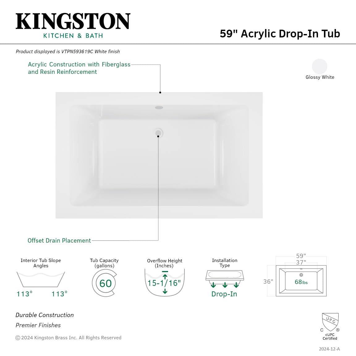 Kingston Brass Aqua Eden 59-Inch Acrylic Rectangular Drop-In Tub with Reversible Drain