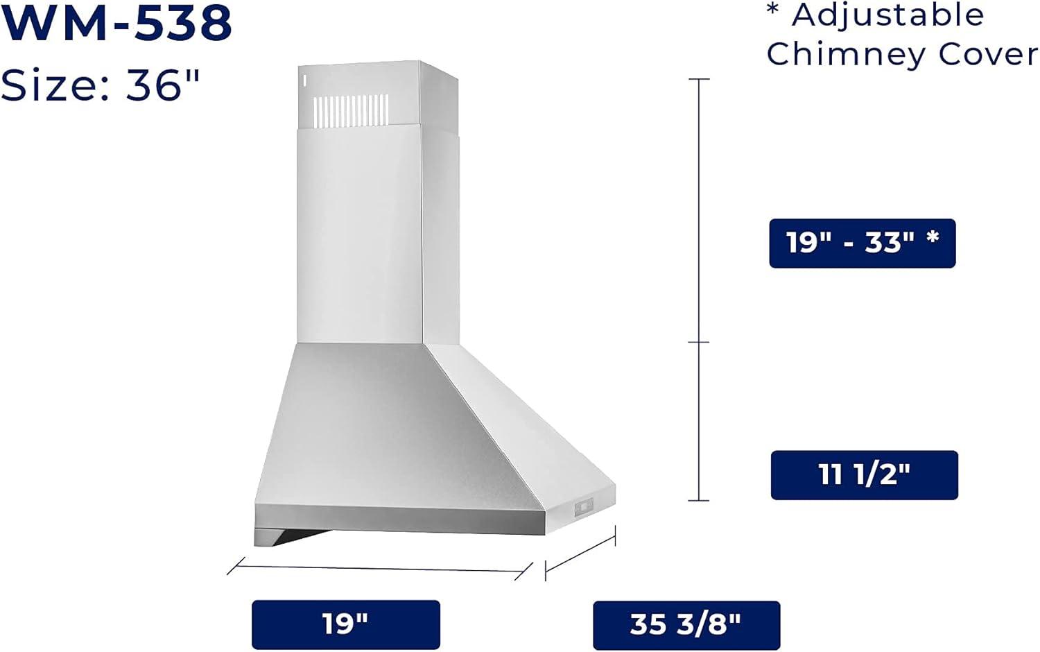 36'' Stainless Steel Convertible Wall Mount Range Hood with Charcoal Filter