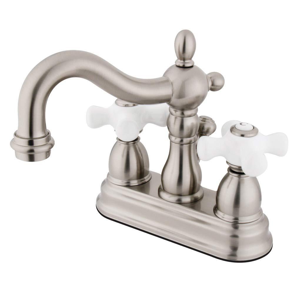 Kingston Brass Heritage Two-Handle 3-Hole Deck Mount 4" Centerset Bathroom Faucet with Plastic Pop-Up