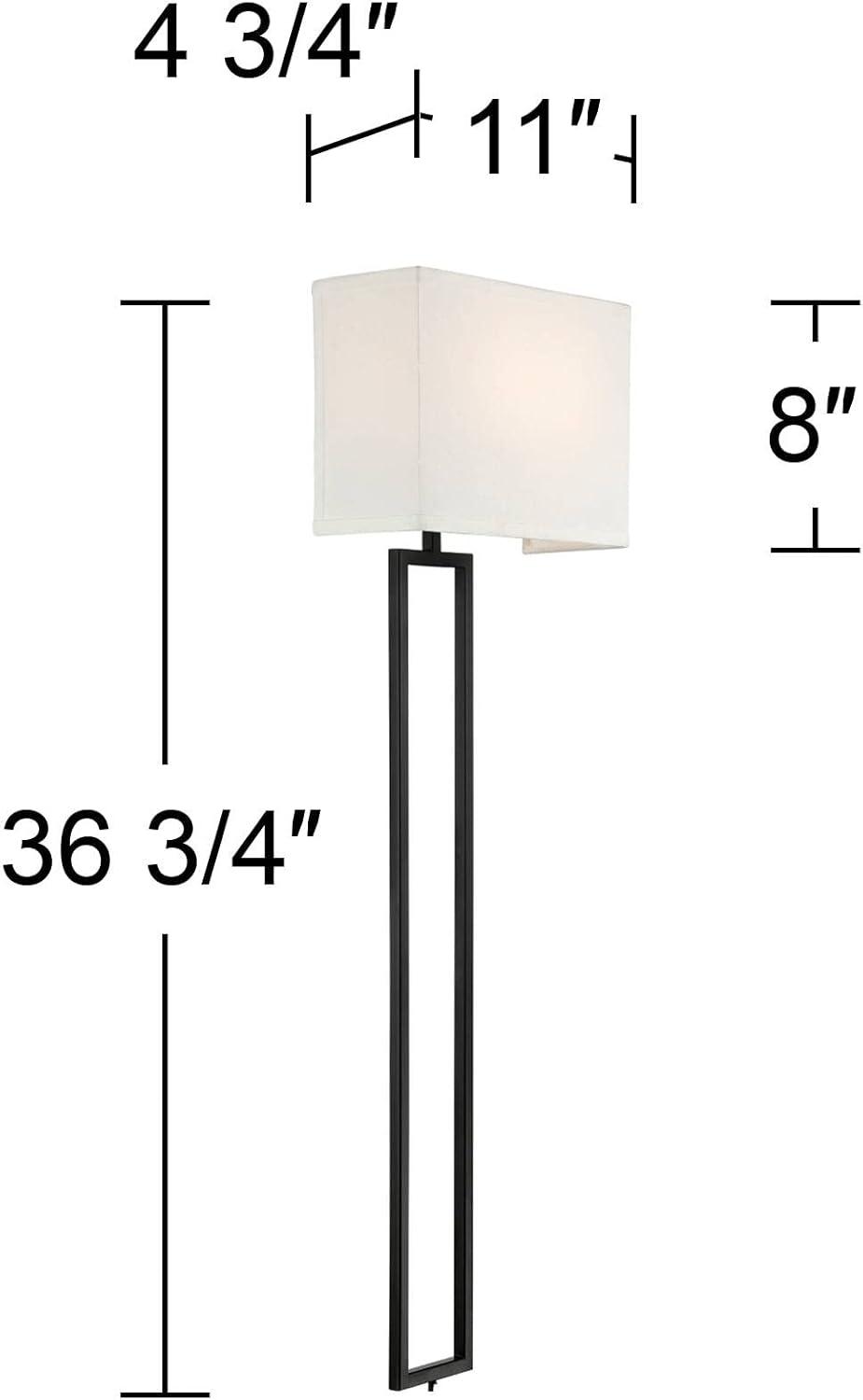 Possini Euro Design Portico Modern Wall Lamp Black Plug-in 11" Light Fixture LED White Linen Rectangular Shade for Bedroom Reading Living Room House