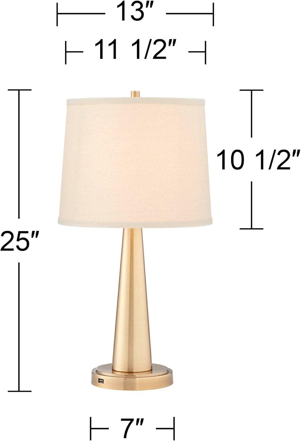 360 Lighting Modern Table Lamps 25" High Set of 2 with USB Charging Port Brass Metal Beige Drum Shade for Bedroom Living Room House Desk Bedside Home