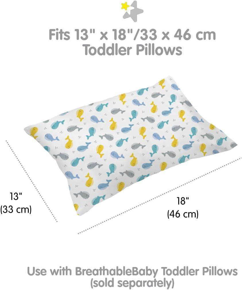 BreathableBaby Cotton Percale Pillowcase, For 13" x 18"/33 x 46 cm Toddler Pillow, Whales (2-Pack)