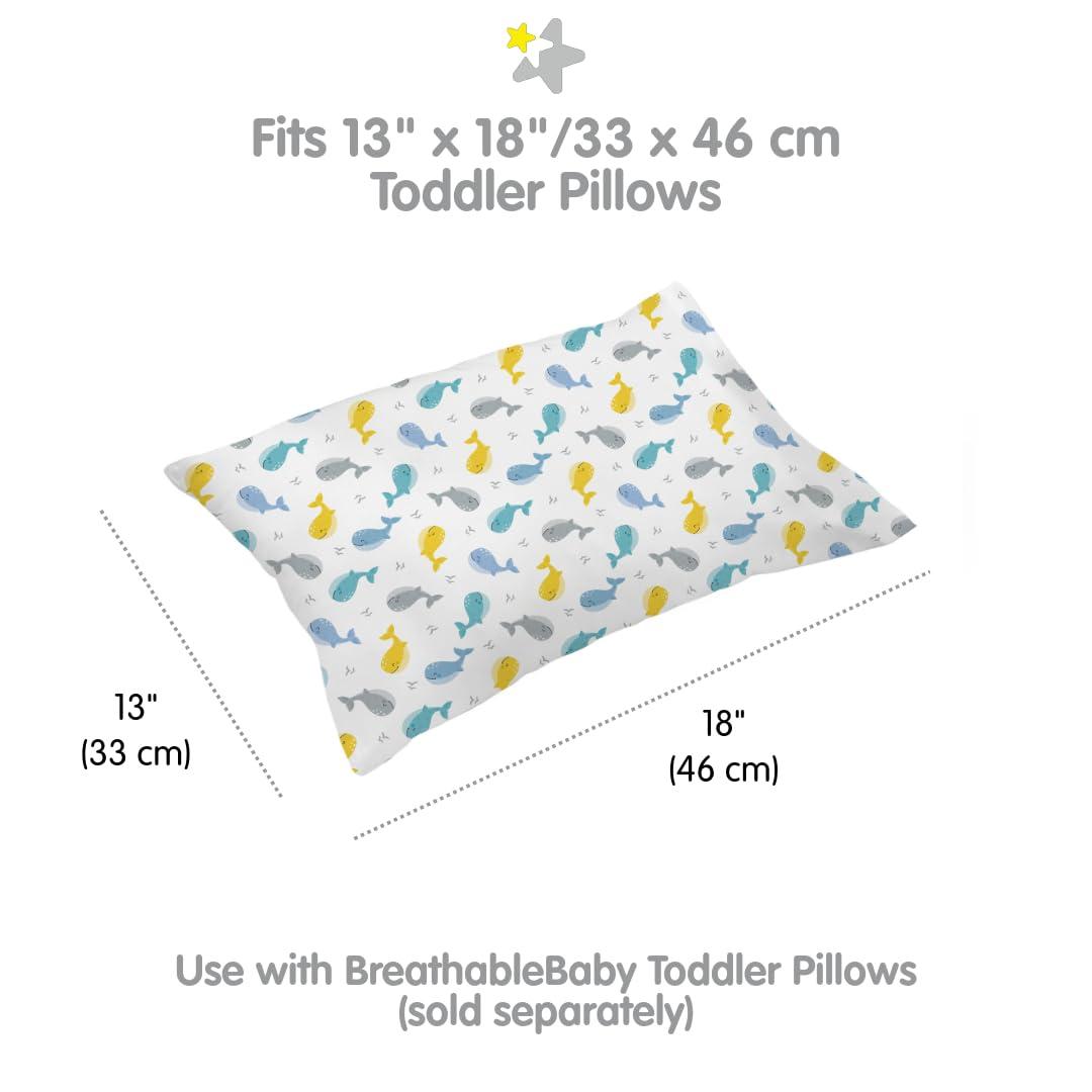 BreathableBaby Cotton Percale Pillowcase, For 13" x 18"/33 x 46 cm Toddler Pillow, Whales (2-Pack)