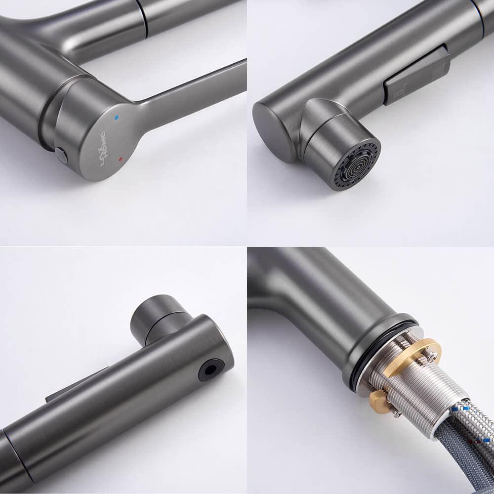 Bathroom Sink Faucet with Pull Out Sprayer Single Hole one Handle Basin Mixer Tap Pull Down Vessel Waterfall Rotating Spout Widespread Drain Assembly (Gun Grey, Regular)