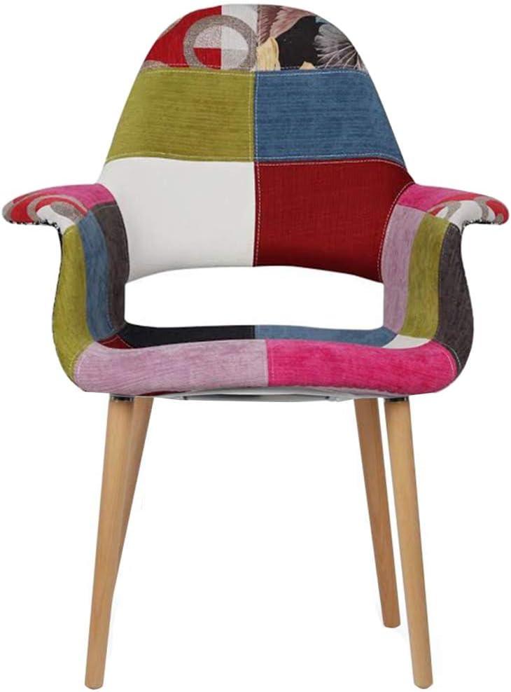 Multicolor Patchwork Linen Upholstered Arm Chair with Natural Wood Legs