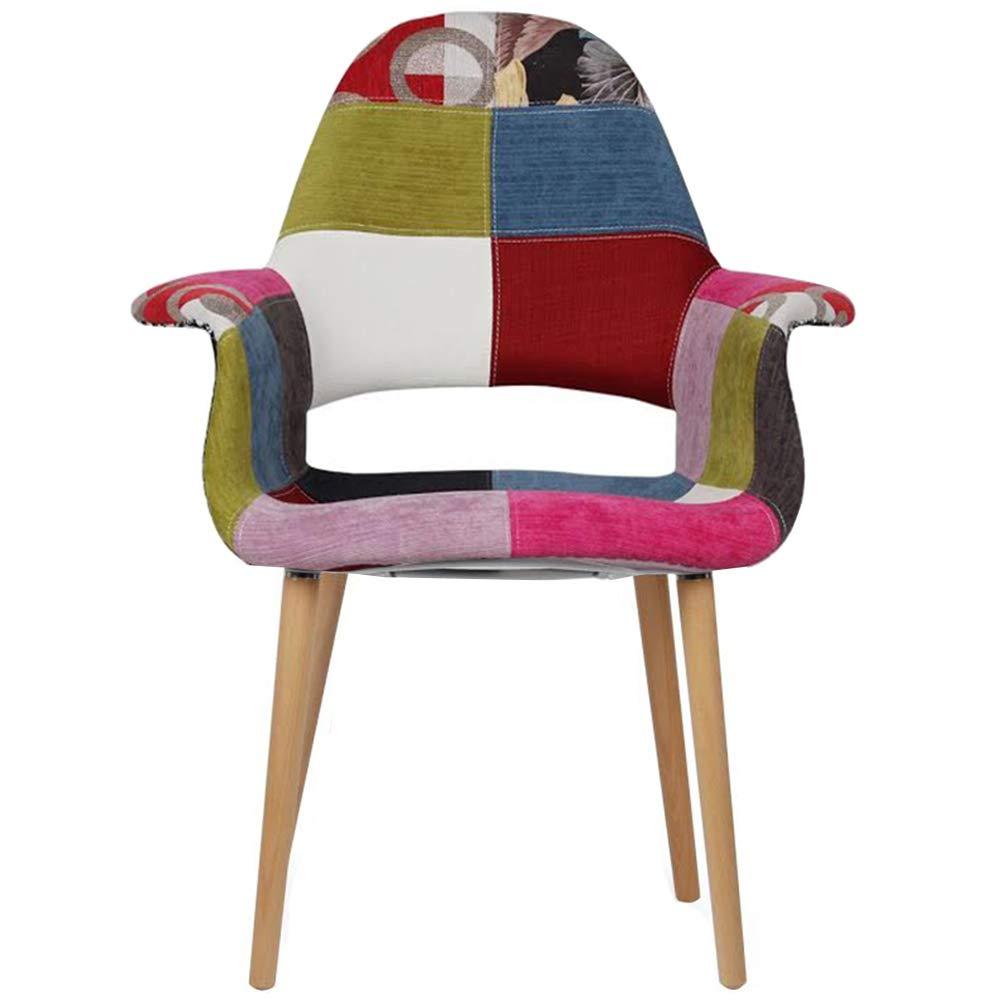 2xhome - Set of 2 Organic Upholstered Patchwork Pattern Quilted Fabric Modern Armchairs with Natural Wooden Legs for Dining Room Office or Accent Chair (Ann)