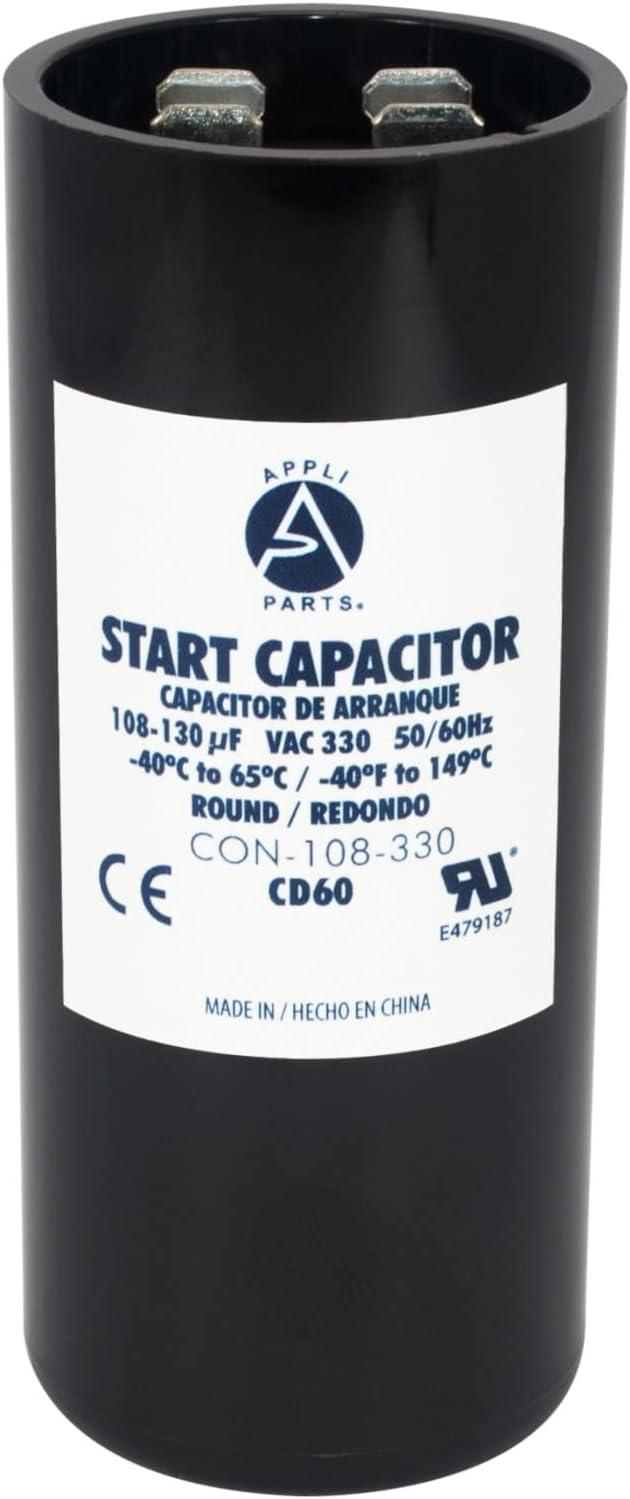 Appli Parts motor start capacitor 108-130 Mfd (microfarads) uF 330 VAC universal fit for electric motor applications 1-7/16 in Wide 3-3/8 in Height CON-108-330