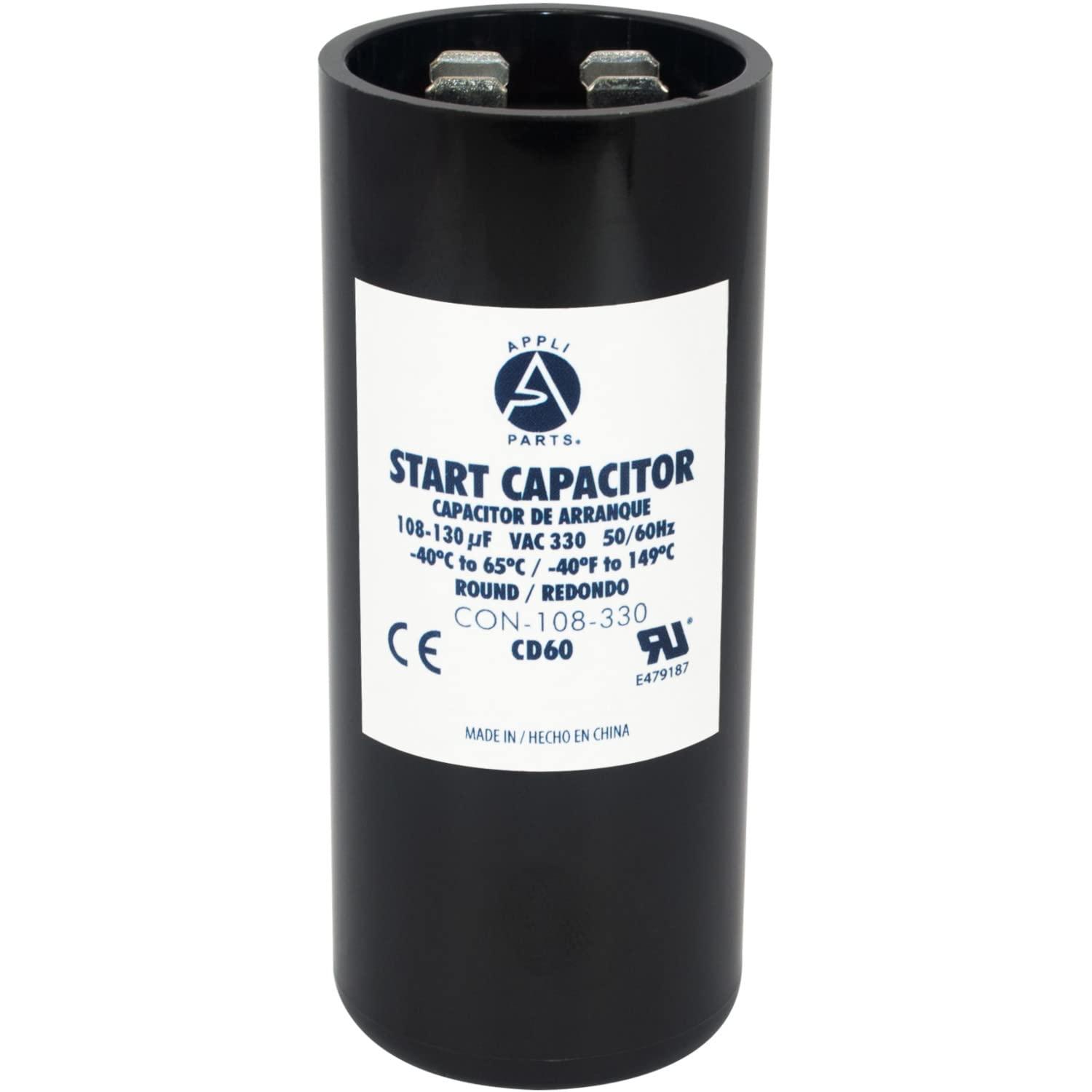 Appli Parts motor start capacitor 108-130 Mfd (microfarads) uF 330 VAC universal fit for electric motor applications 1-7/16 in Wide 3-3/8 in Height CON-108-330
