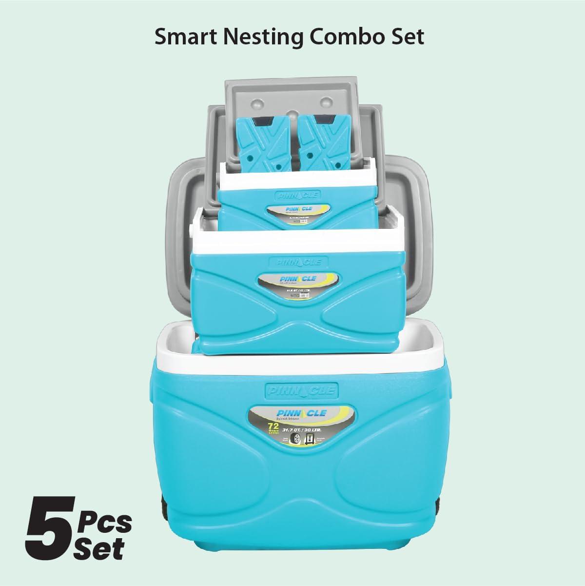 Pinnacle Cooler with Wheels – Practical Set of 30L Cooler with Wheels and Handle – Includes Smaller 11L and 4.5L Camping Coolers and 2 Ice Bricks – Cup Holder and Sitting Lid – Extended Cooling Time