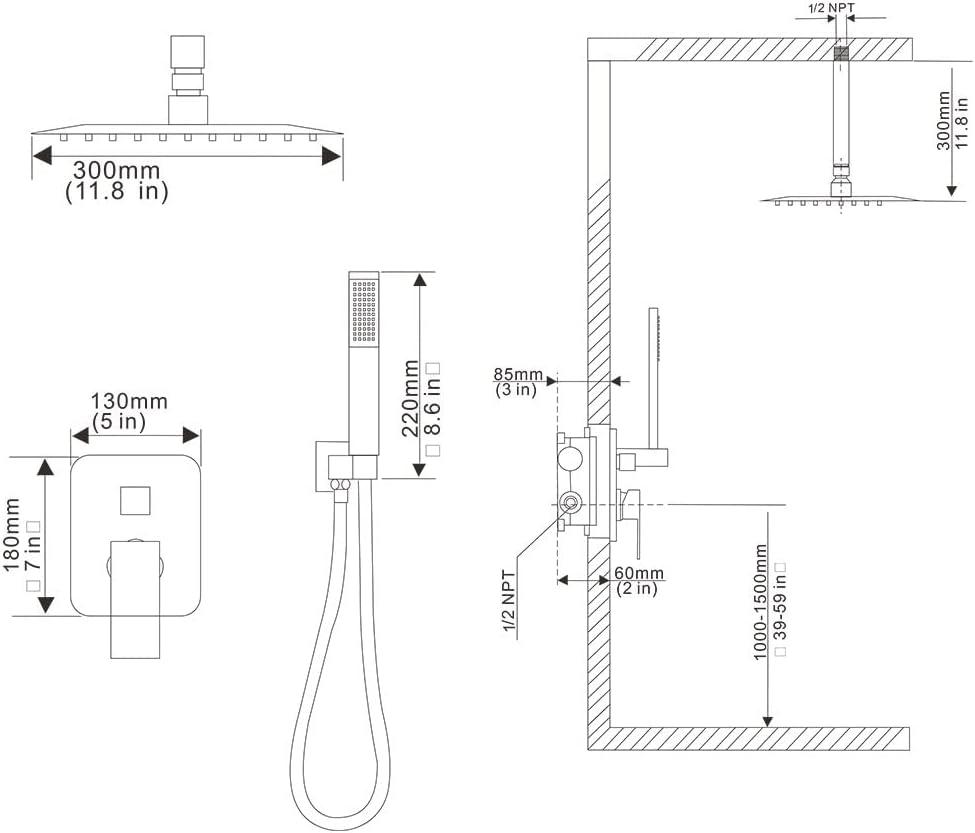 12" Ceiling Mounted Shower Head Pressure Balancing Rain Shower System with Rough-in Valve and Trim Kit