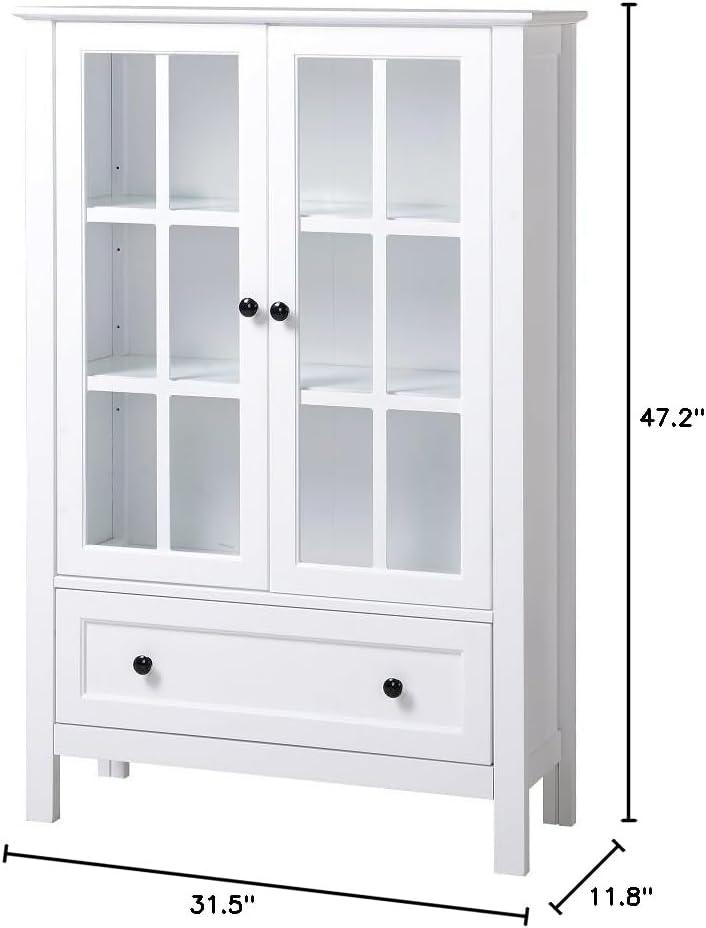 White Transitional Farmhouse China Cabinet with Glass Doors